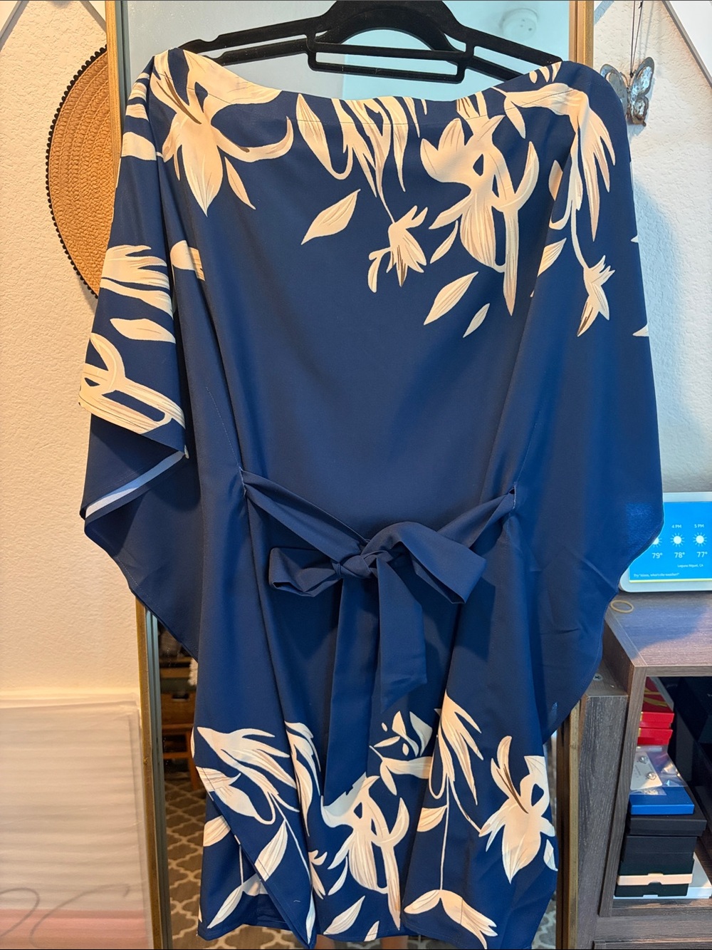 Navy Blue Floral One-Shoulder Belted Dress
